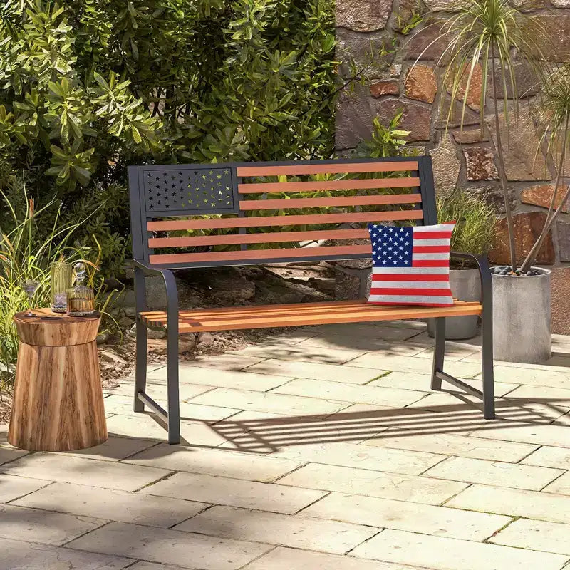 Banc de jardin extérieur Costway 50 avec dossier motif drapeau et finition grain de bois rustique