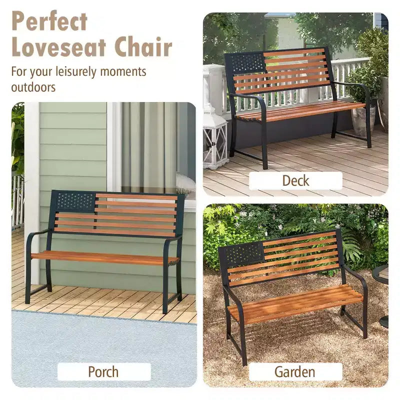 Banc de jardin extérieur Costway 50 avec dossier motif drapeau et finition grain de bois rustique