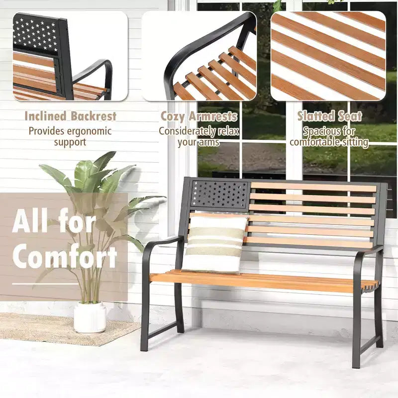 Banc de jardin extérieur Costway 50 avec dossier motif drapeau et finition grain de bois rustique