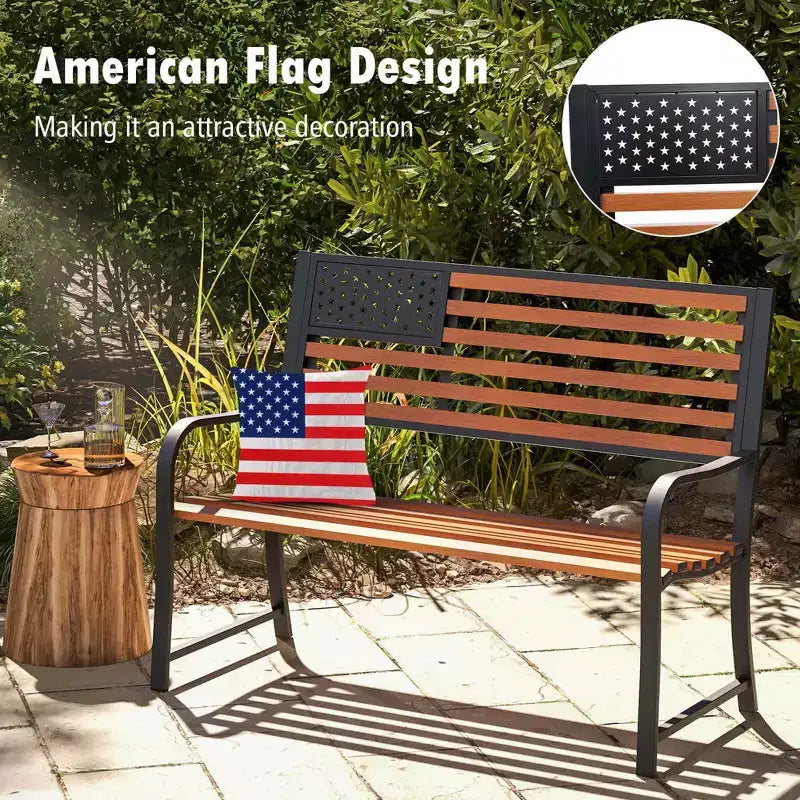 Banc de jardin extérieur Costway 50 avec dossier motif drapeau et finition grain de bois rustique