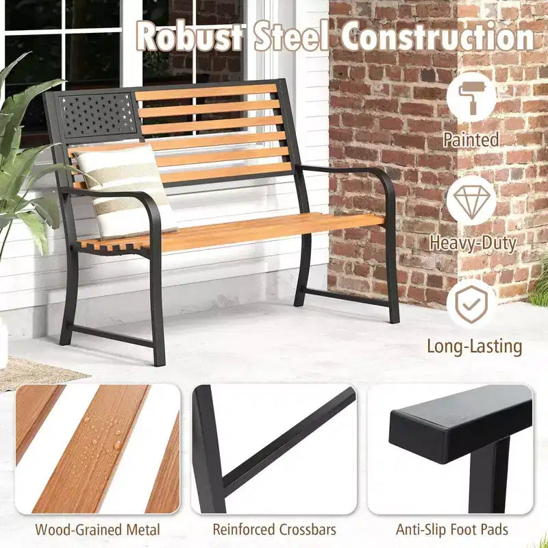 Banc de jardin extérieur Costway 50 avec dossier motif drapeau et finition grain de bois rustique