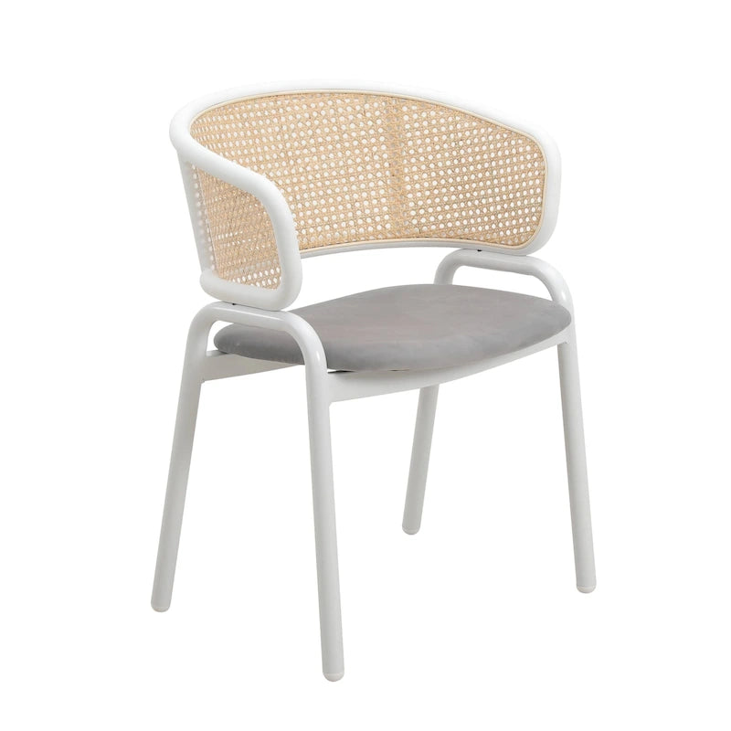 Chaise d'appoint moderne et élégante Ervilla avec dossier en rotin et pieds en acier blanc pour salle à manger et cuisine