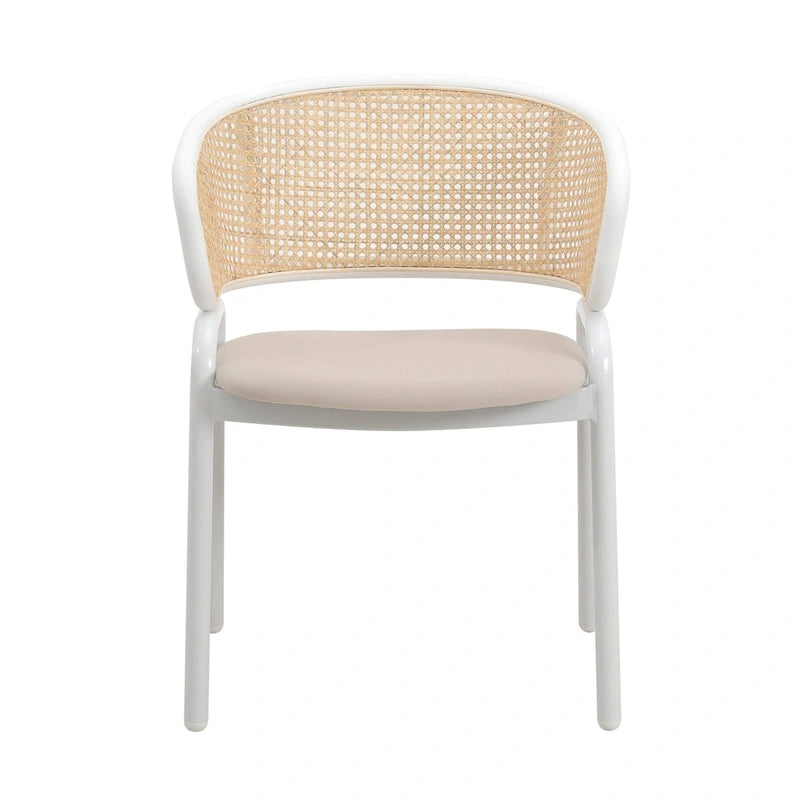 Chaise d'appoint moderne et élégante Ervilla avec dossier en rotin et pieds en acier blanc pour salle à manger et cuisine