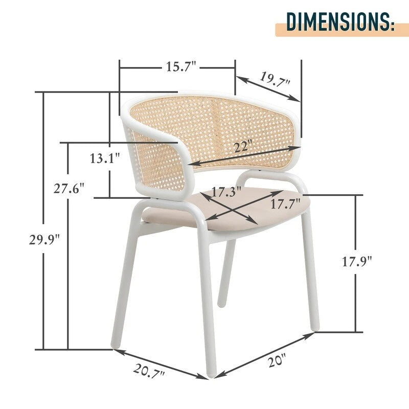 Chaise d'appoint moderne et élégante Ervilla avec dossier en rotin et pieds en acier blanc pour salle à manger et cuisine