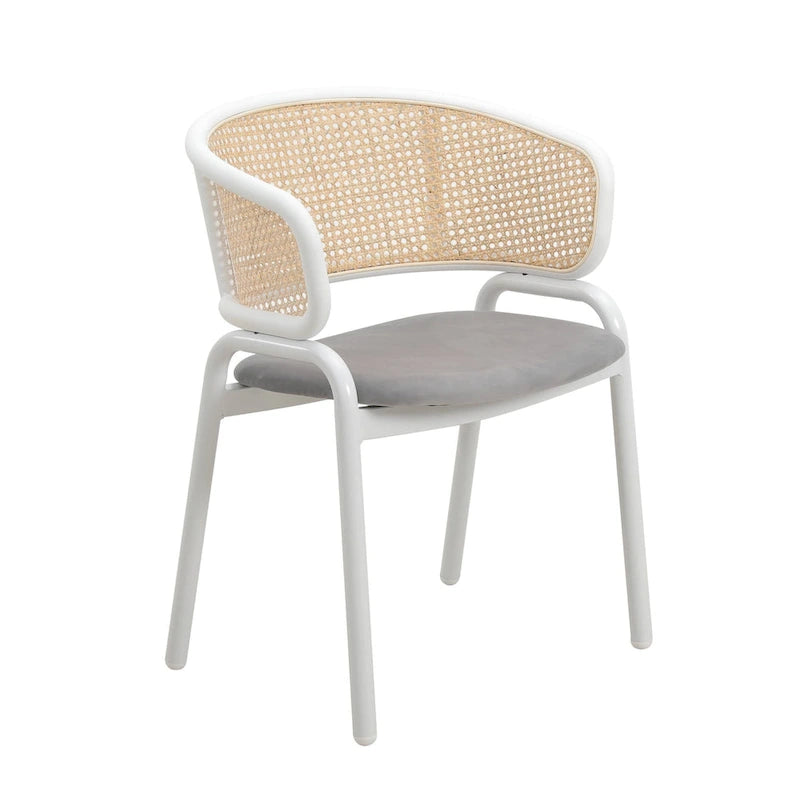 Chaise d'appoint moderne et élégante Ervilla avec dossier en rotin et pieds en acier blanc pour salle à manger et cuisine