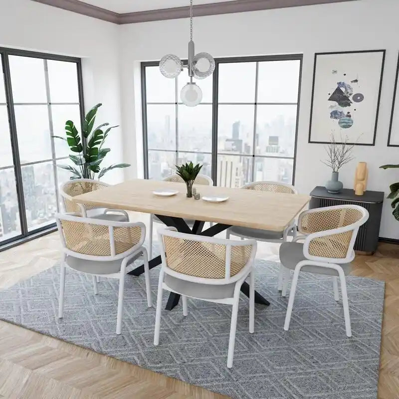 Chaise d'appoint moderne et élégante Ervilla avec dossier en rotin et pieds en acier blanc pour salle à manger et cuisine