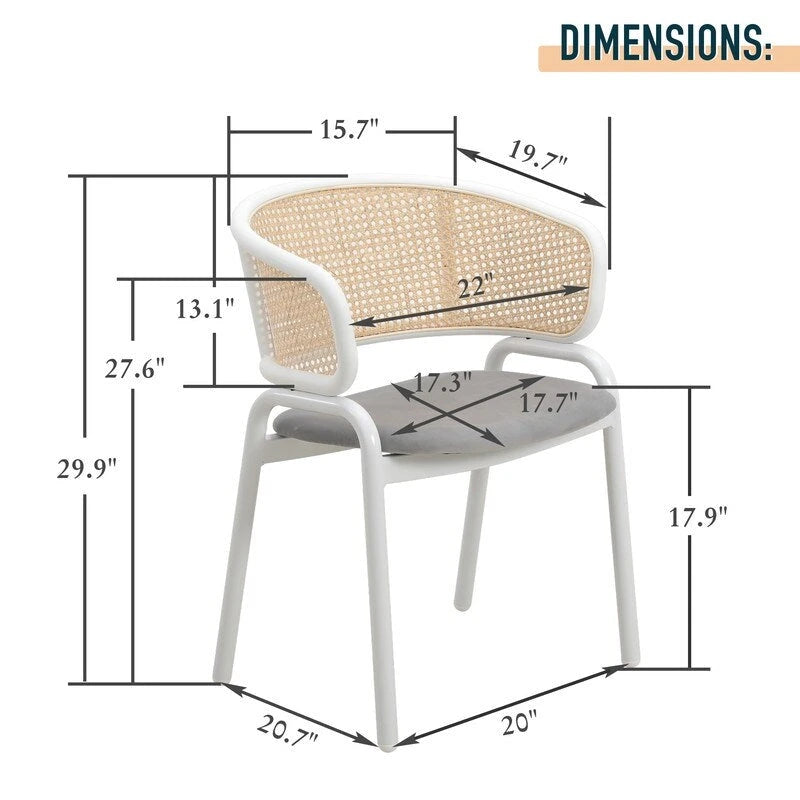 Chaise d'appoint moderne et élégante Ervilla avec dossier en rotin et pieds en acier blanc pour salle à manger et cuisine
