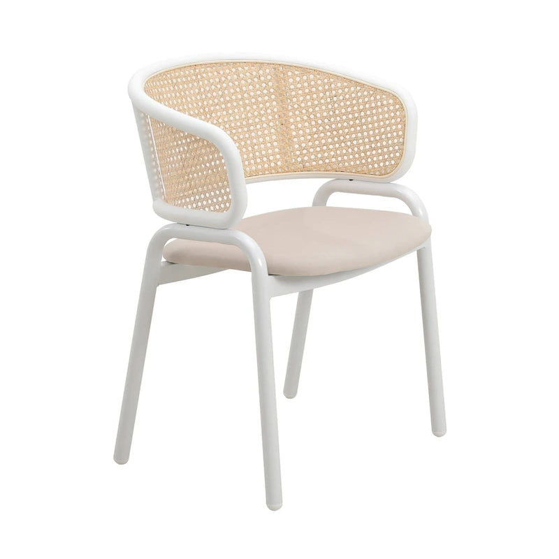 Chaise d'appoint moderne et élégante Ervilla avec dossier en rotin et pieds en acier blanc pour salle à manger et cuisine
