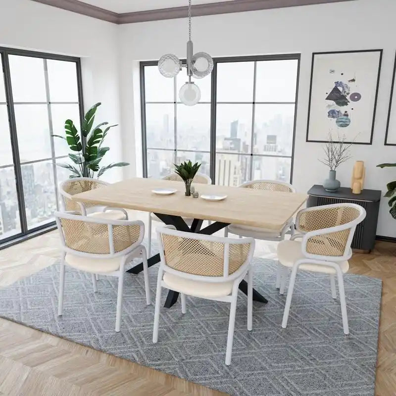 Chaise d'appoint moderne et élégante Ervilla avec dossier en rotin et pieds en acier blanc pour salle à manger et cuisine