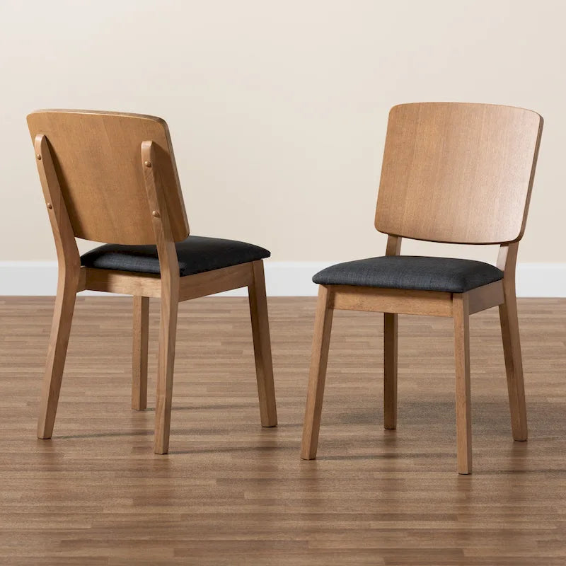 Ensemble de 2 chaises de salle à manger danoises modernes du milieu du siècle en tissu noir et bois d'hévéa finition chêne français marron