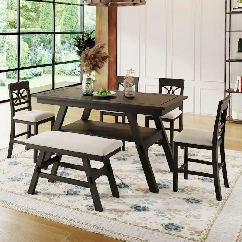 Ensemble de salle à manger 6 pièces en bois de hauteur comptoir avec étagère de rangement