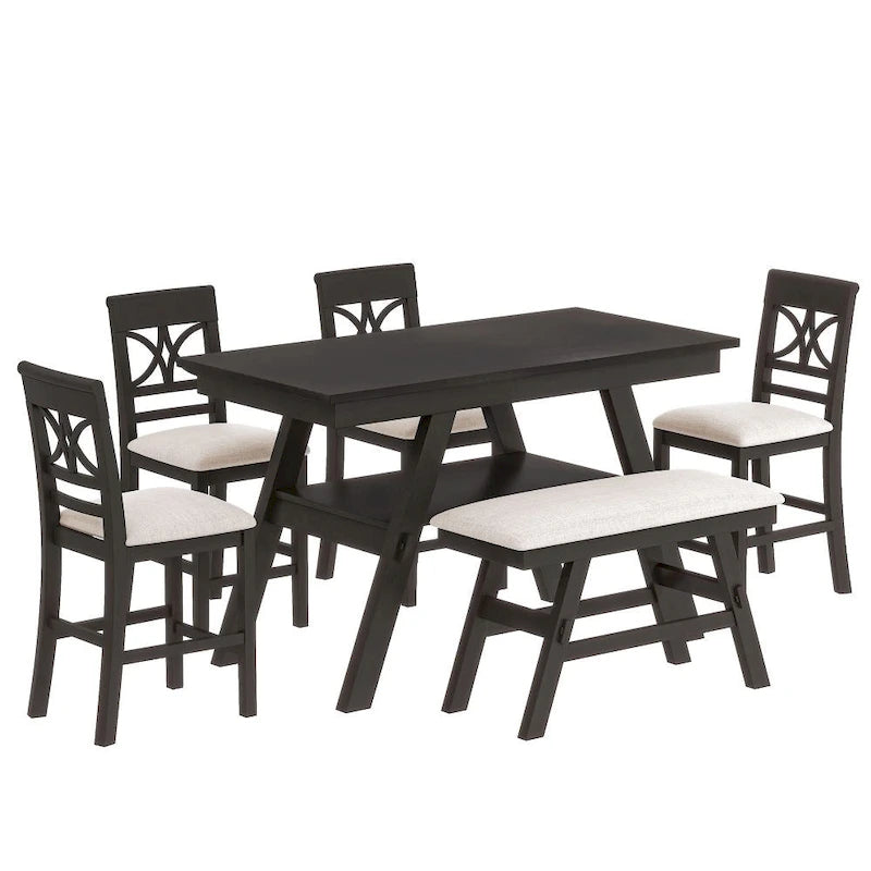 Ensemble de salle à manger 6 pièces en bois de hauteur comptoir avec étagère de rangement