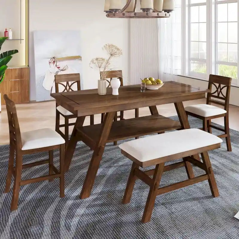 Ensemble de salle à manger 6 pièces en bois de hauteur comptoir avec étagère de rangement