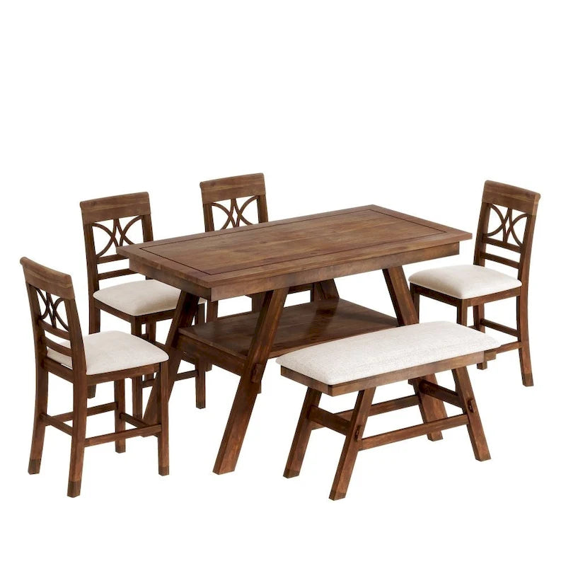 Ensemble de salle à manger 6 pièces en bois de hauteur comptoir avec étagère de rangement
