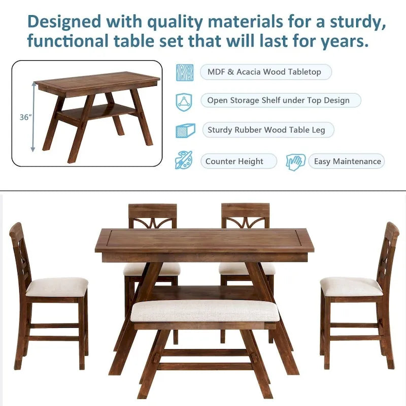 Ensemble de salle à manger 6 pièces en bois de hauteur comptoir avec étagère de rangement