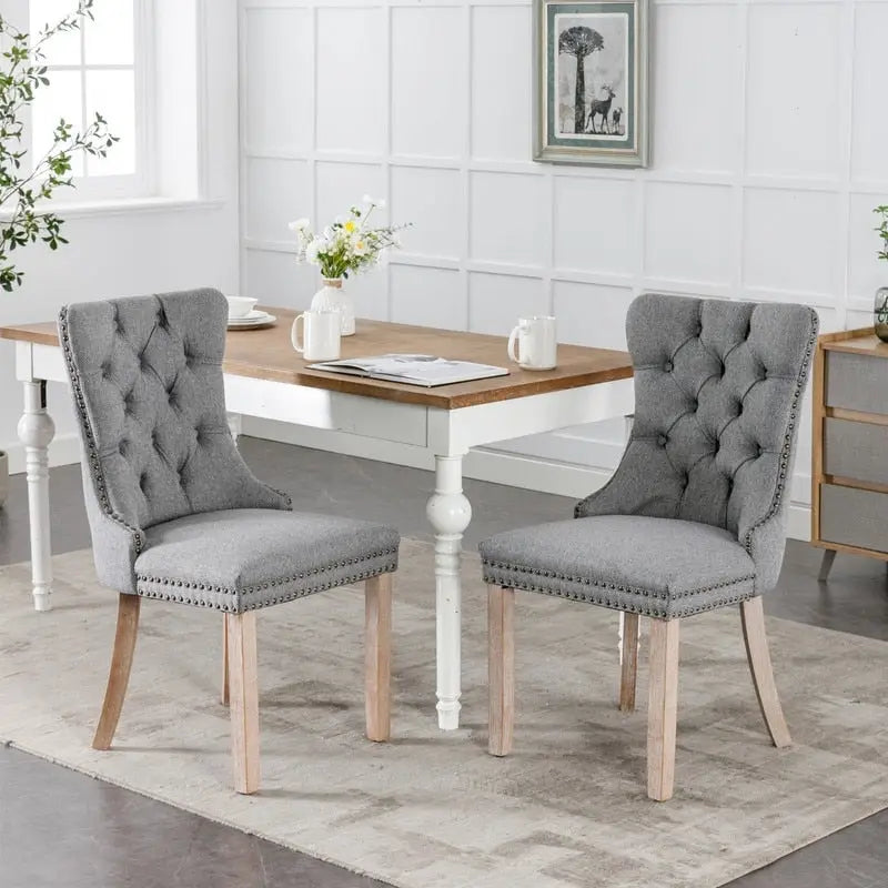 Chaise de salle à manger capitonnée en lin avec pieds en bois massif, lot de 2