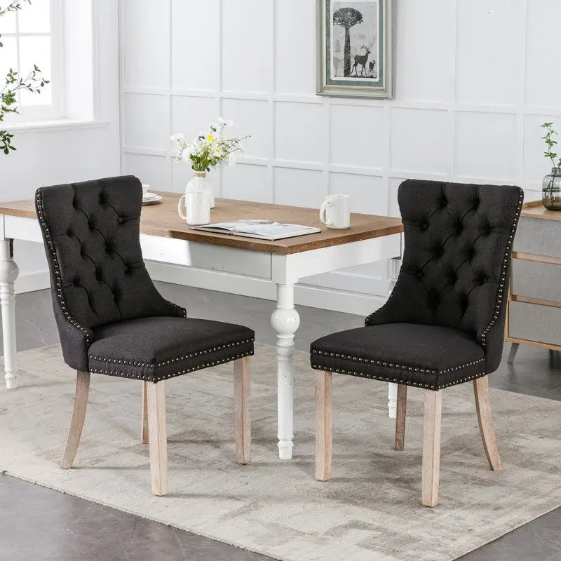 Chaise de salle à manger capitonnée en lin avec pieds en bois massif, lot de 2