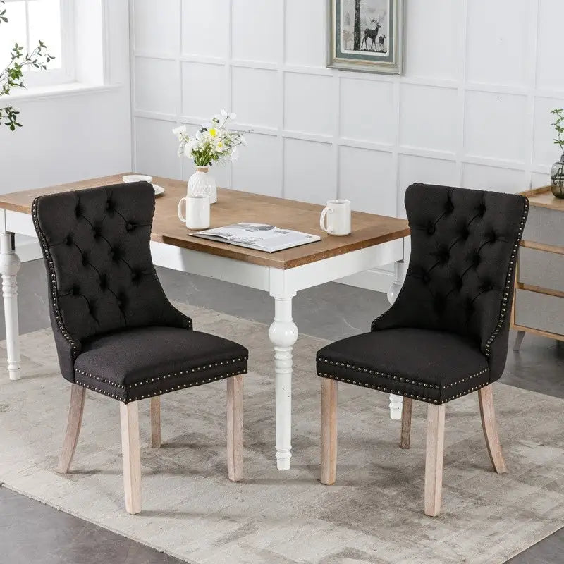 Chaise de salle à manger capitonnée en lin avec pieds en bois massif, lot de 2