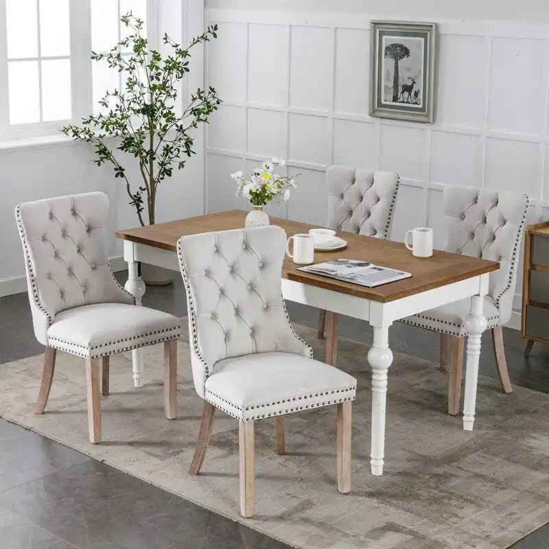 Chaise de salle à manger capitonnée en lin avec pieds en bois massif, lot de 2