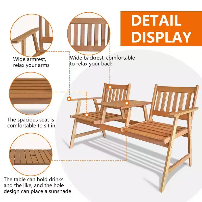 FDW Banc de Patio Banc de Jardin en Bois Banc de Parc Bois d'Acacia avec Table pour Piscine Plage Arrière-cour Balcon Porche Terrasse Meuble de Jardin en Bois (Naturel)