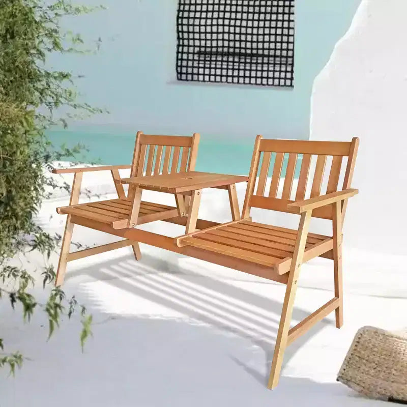 FDW Banc de Patio Banc de Jardin en Bois Banc de Parc Bois d'Acacia avec Table pour Piscine Plage Arrière-cour Balcon Porche Terrasse Meuble de Jardin en Bois (Naturel)