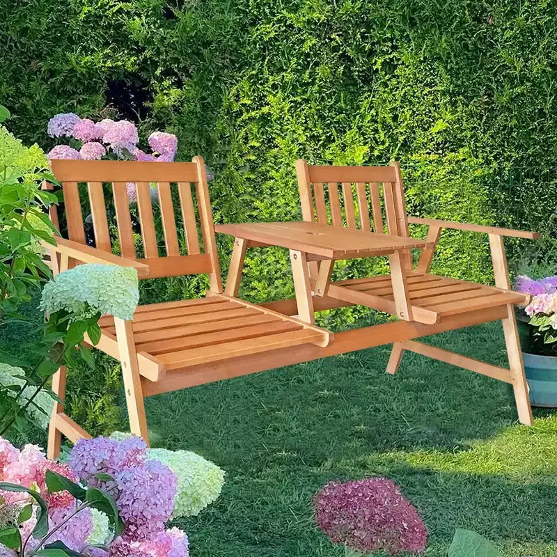 FDW Banc de Patio Banc de Jardin en Bois Banc de Parc Bois d'Acacia avec Table pour Piscine Plage Arrière-cour Balcon Porche Terrasse Meuble de Jardin en Bois (Naturel)
