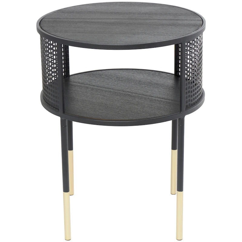 Table d'appoint ou table basse avec cadre géométrique en métal ouvert, 1 étagère, pieds dorés et décor Roche River noir