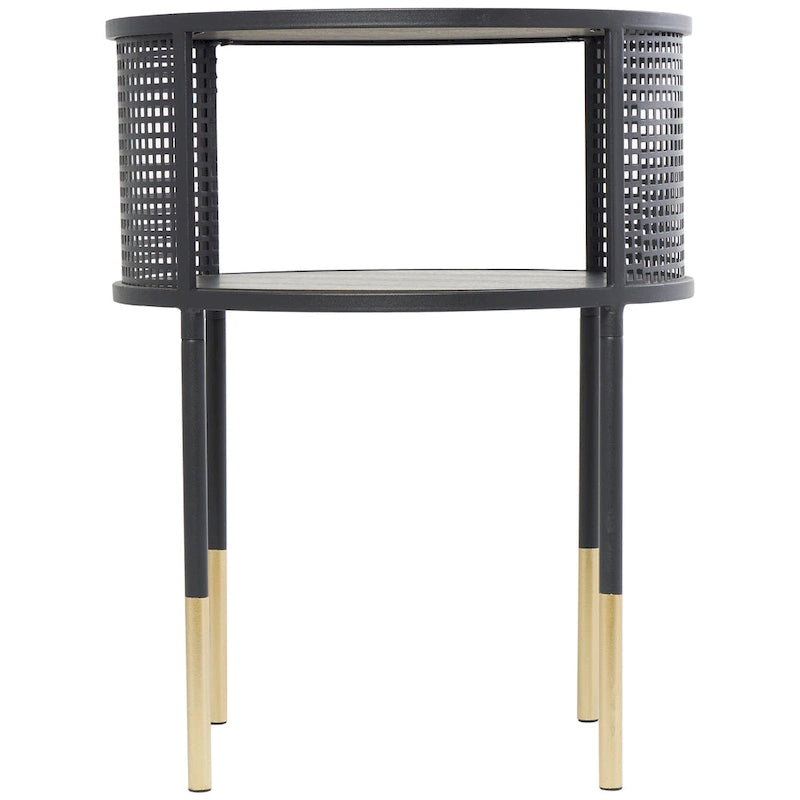 Table d'appoint ou table basse avec cadre géométrique en métal ouvert, 1 étagère, pieds dorés et décor Roche River noir