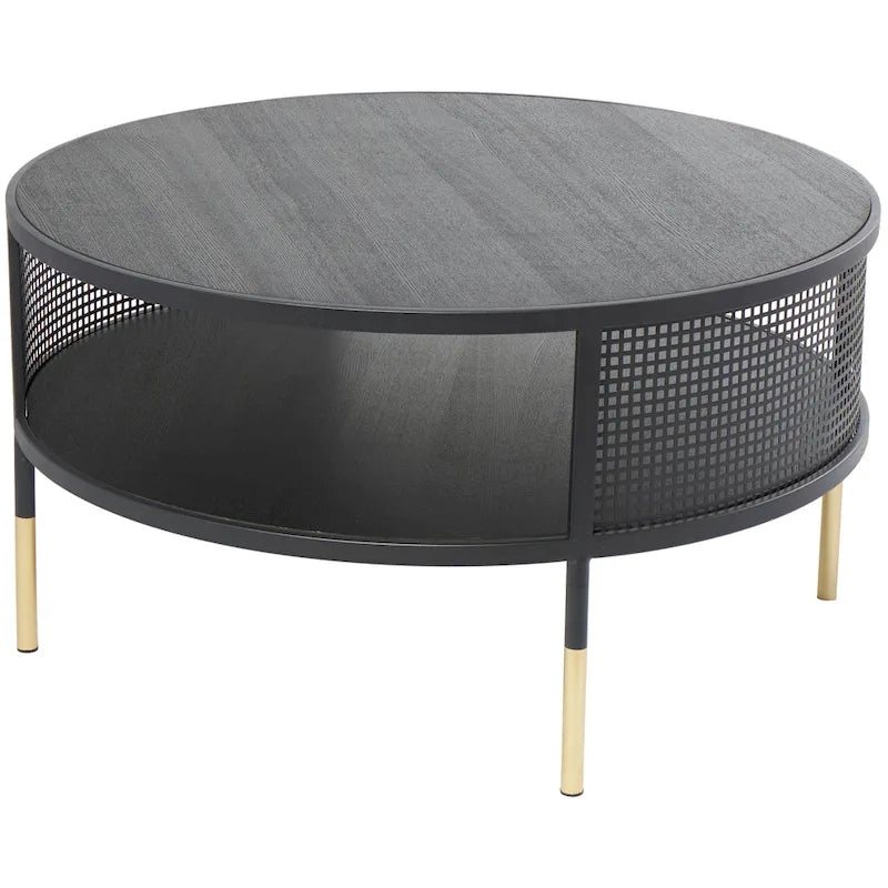 Table d'appoint ou table basse avec cadre géométrique en métal ouvert, 1 étagère, pieds dorés et décor Roche River noir