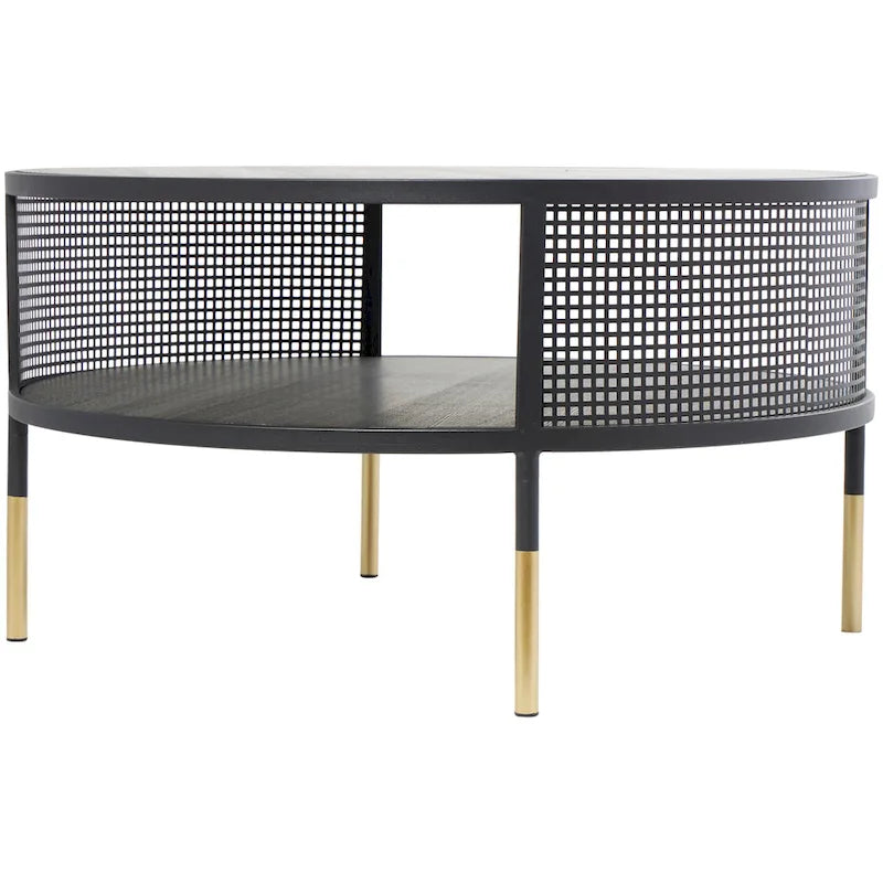 Table d'appoint ou table basse avec cadre géométrique en métal ouvert, 1 étagère, pieds dorés et décor Roche River noir