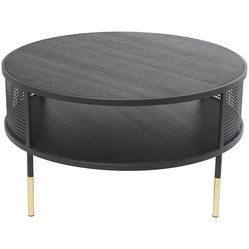 Table d'appoint ou table basse avec cadre géométrique en métal ouvert, 1 étagère, pieds dorés et décor Roche River noir