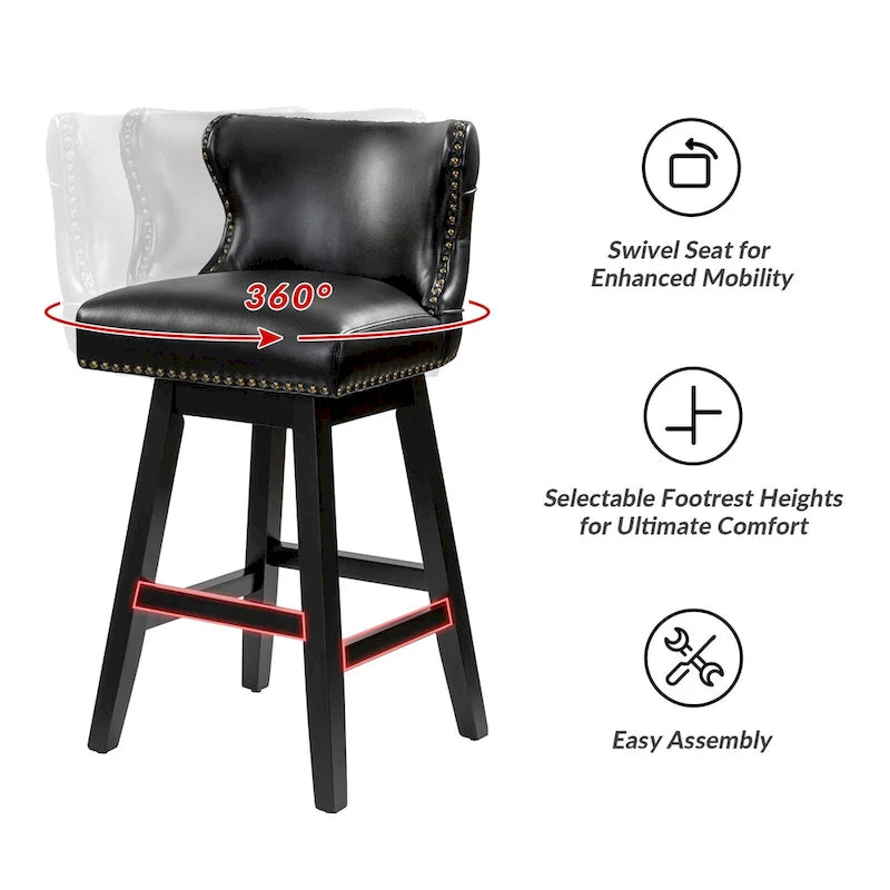 Jordan Tabouret de bar pivotant à 360 degrés avec dossier ailé touffeté et clous, lot de 2, par HULALA HOME - N/A