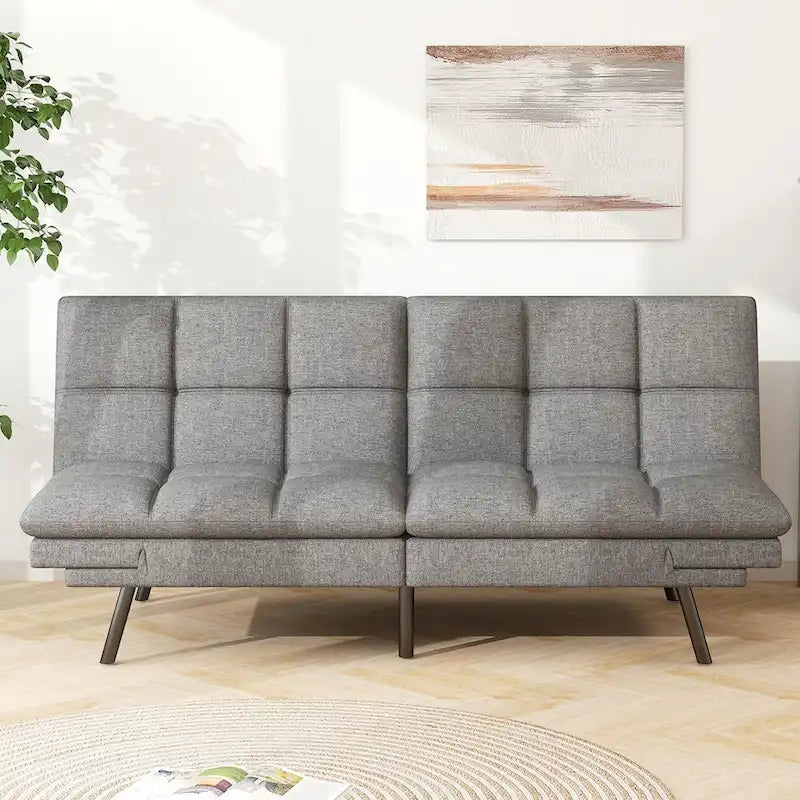 Canapé-lit futon en mousse à mémoire de forme en similicuir convertible avec accoudoirs réglables et dossier divisé pour petits espaces de vie, gris