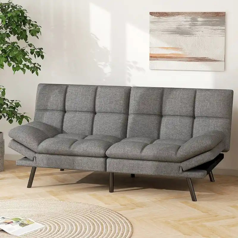 Canapé-lit futon en mousse à mémoire de forme en similicuir convertible avec accoudoirs réglables et dossier divisé pour petits espaces de vie, gris