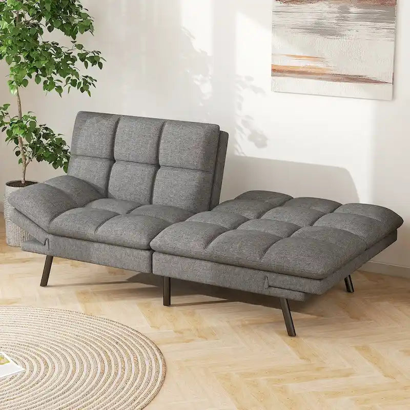 Canapé-lit futon en mousse à mémoire de forme en similicuir convertible avec accoudoirs réglables et dossier divisé pour petits espaces de vie, gris