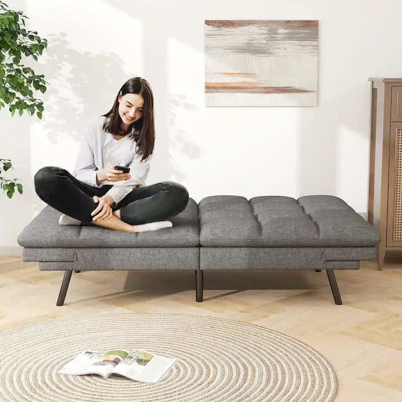 Canapé-lit futon en mousse à mémoire de forme en similicuir convertible avec accoudoirs réglables et dossier divisé pour petits espaces de vie, gris