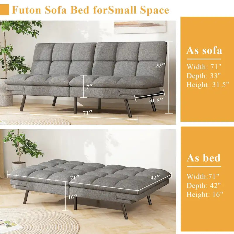 Canapé-lit futon en mousse à mémoire de forme en similicuir convertible avec accoudoirs réglables et dossier divisé pour petits espaces de vie, gris