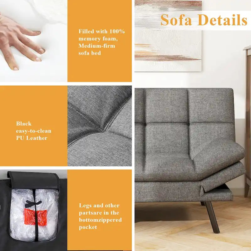Canapé-lit futon en mousse à mémoire de forme en similicuir convertible avec accoudoirs réglables et dossier divisé pour petits espaces de vie, gris