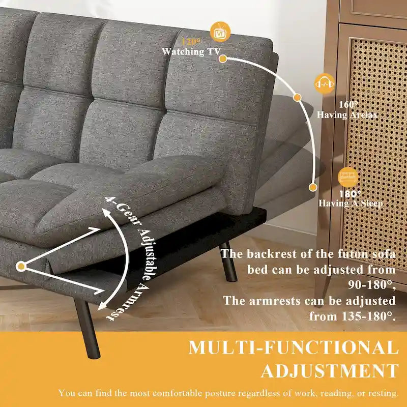 Canapé-lit futon en mousse à mémoire de forme en similicuir convertible avec accoudoirs réglables et dossier divisé pour petits espaces de vie, gris
