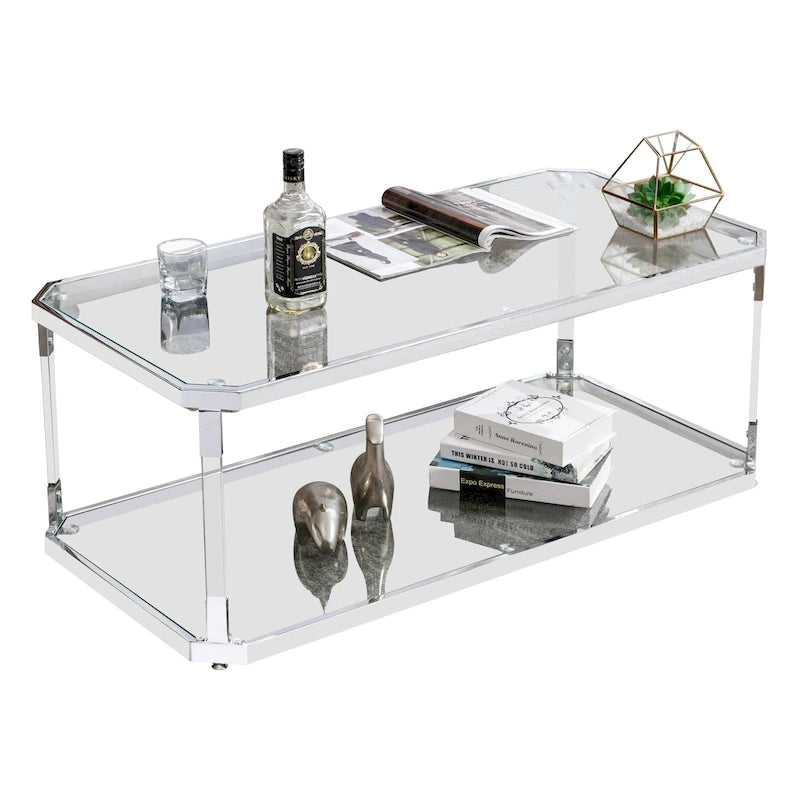 Tables basses chromées Table basse en verre avec étagère