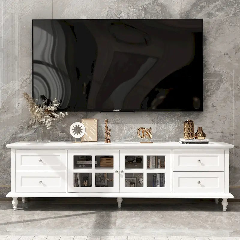 Meuble TV moderne blanc avec portes en verre et tiroirs console de divertissement - 70.9