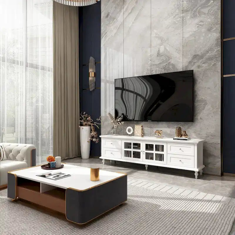 Meuble TV moderne blanc avec portes en verre et tiroirs console de divertissement - 70.9