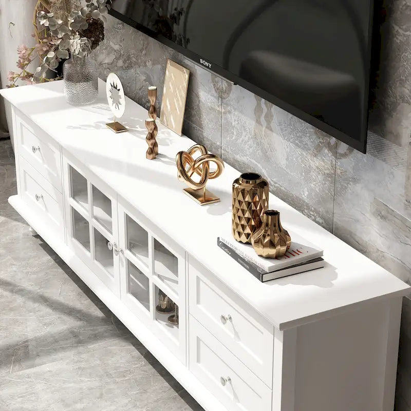 Meuble TV moderne blanc avec portes en verre et tiroirs console de divertissement - 70.9