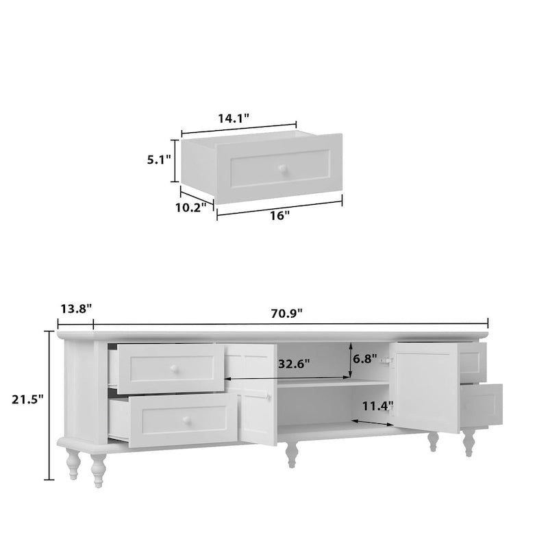 Meuble TV moderne blanc avec portes en verre et tiroirs console de divertissement - 70.9