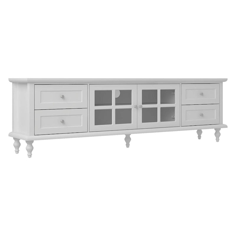 Meuble TV moderne blanc avec portes en verre et tiroirs console de divertissement - 70.9