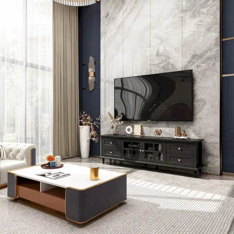 Meuble TV moderne blanc avec portes en verre et tiroirs console de divertissement - 70.9