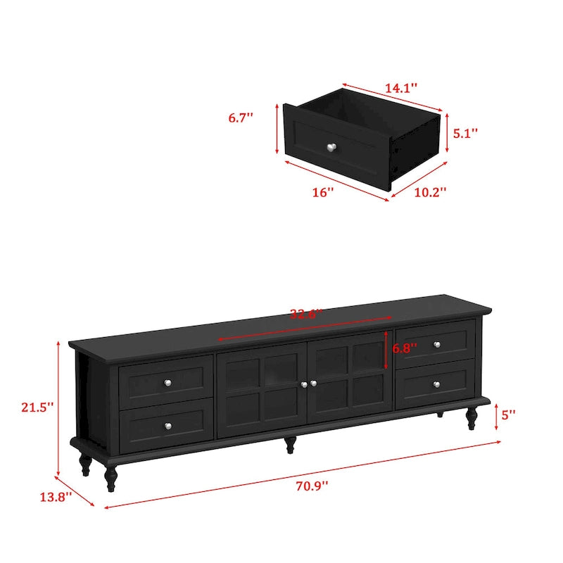 Meuble TV moderne blanc avec portes en verre et tiroirs console de divertissement - 70.9