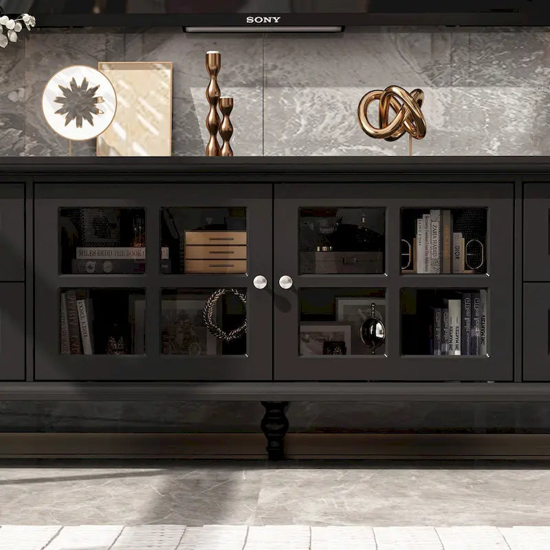 Meuble TV moderne blanc avec portes en verre et tiroirs console de divertissement - 70.9