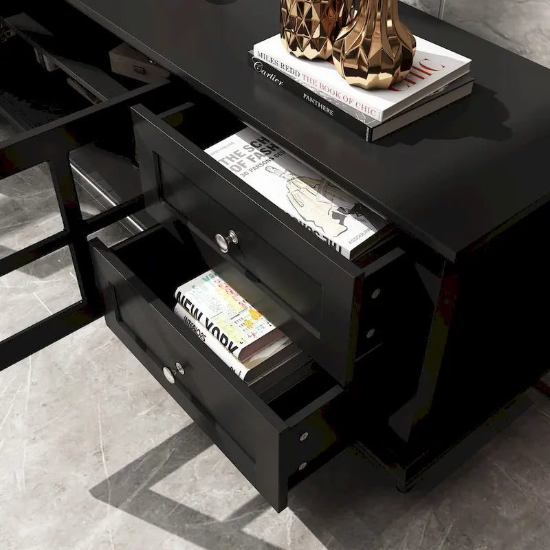 Meuble TV moderne blanc avec portes en verre et tiroirs console de divertissement - 70.9