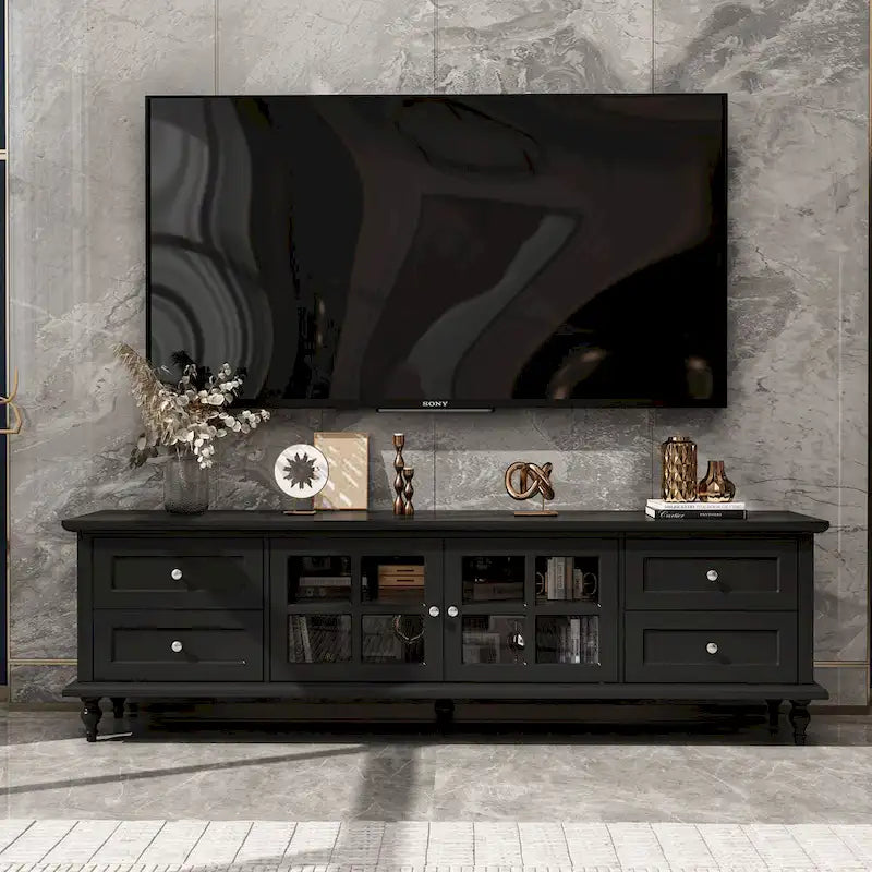 Meuble TV moderne blanc avec portes en verre et tiroirs console de divertissement - 70.9